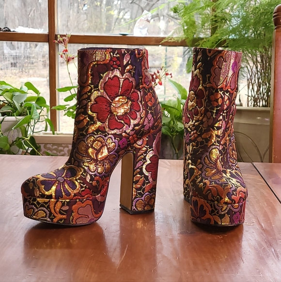 Shellys London Shoes - Floral Platform Metallic Brocade Ankle Boot 6.5